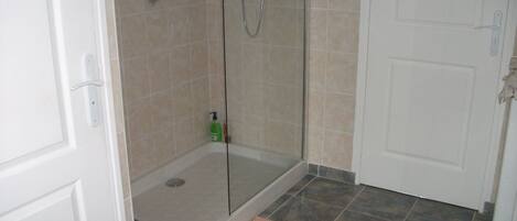 Een badkamer met een douche met glazen wand, een witte deur en een vloerkleed met dessin.