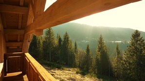 A wooden cabin with a view of a forested mountain range.
