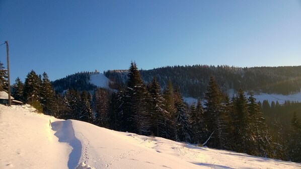 Eine verschneite Berglandschaft mit blauem Himmel.