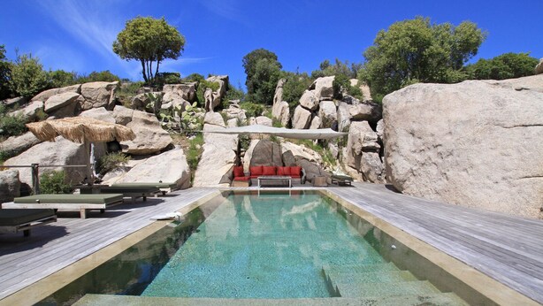 Una piscina con un pontile in legno, circondata da rocce e alberi.