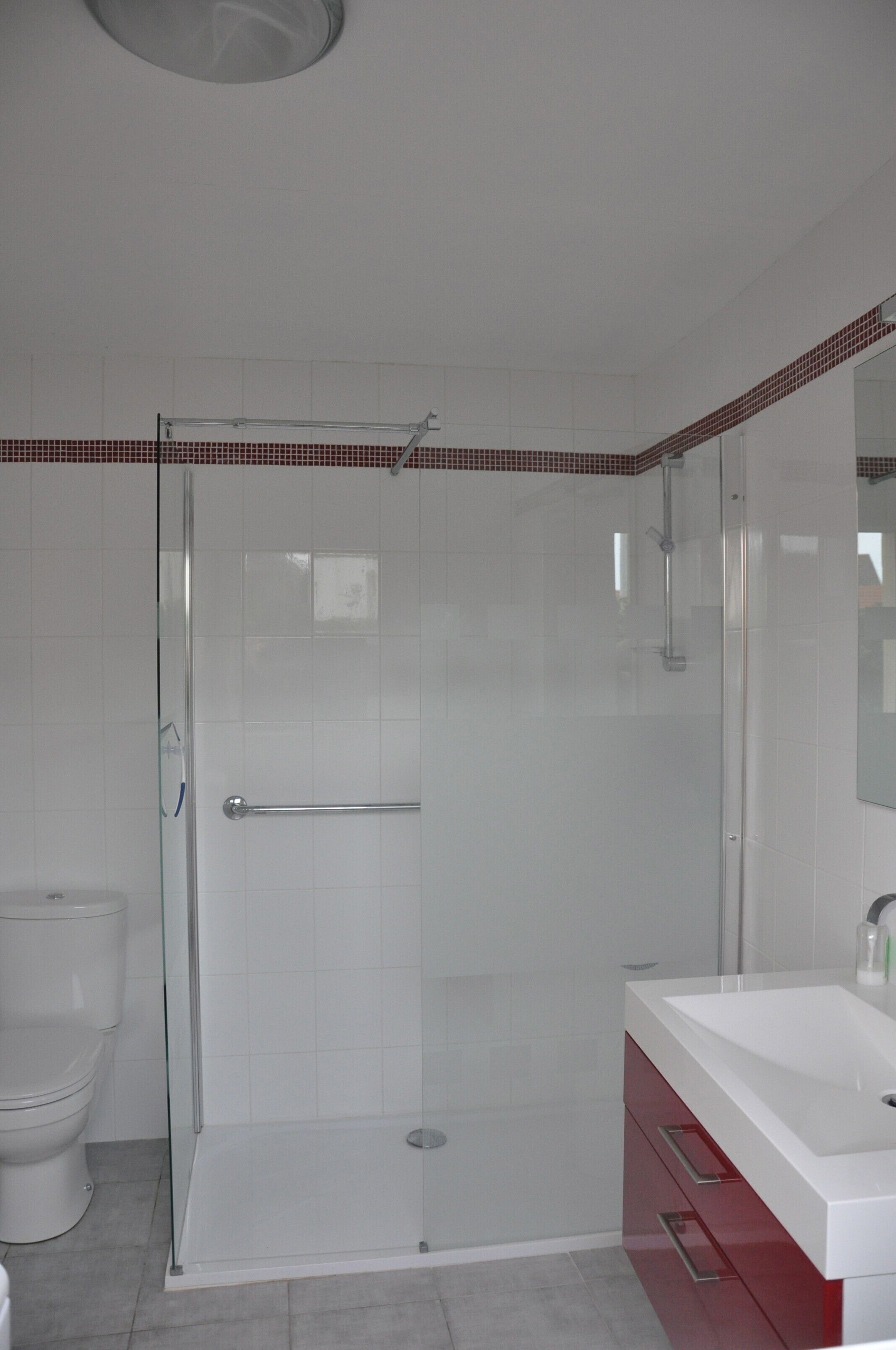 A bathroom with a glass-enclosed shower, a white toilet, and a red and white vanity with a mirror.