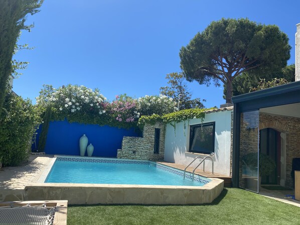Una piscina con borde de azulejos azules, un muro de piedra y un árbol.