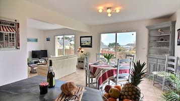 Télévision, cheminée, lecteur de DVD, baby-foot