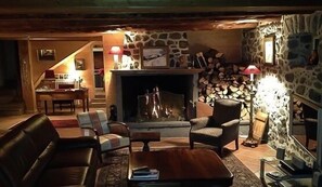 Smart TV, fireplace, books