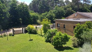 A wooden building with a sloped roof, surrounded by a well-maintained lawn and various trees. - In Mimizan-plage sud, small wooden house facing the forest, 2km from the ocean  (Mimizan)