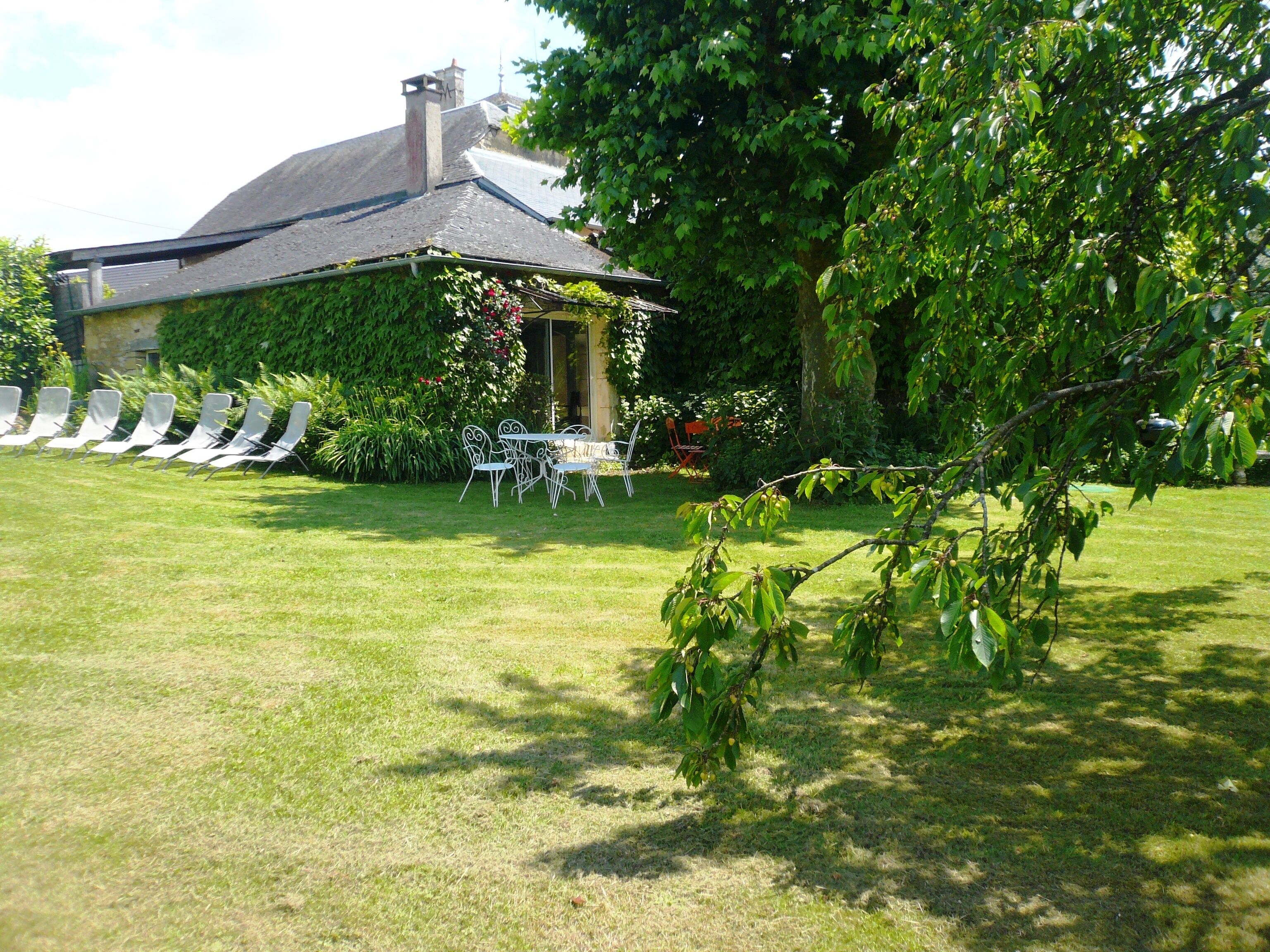 A garden with a patio area, outdoor seating, and a building with a sloped roof.