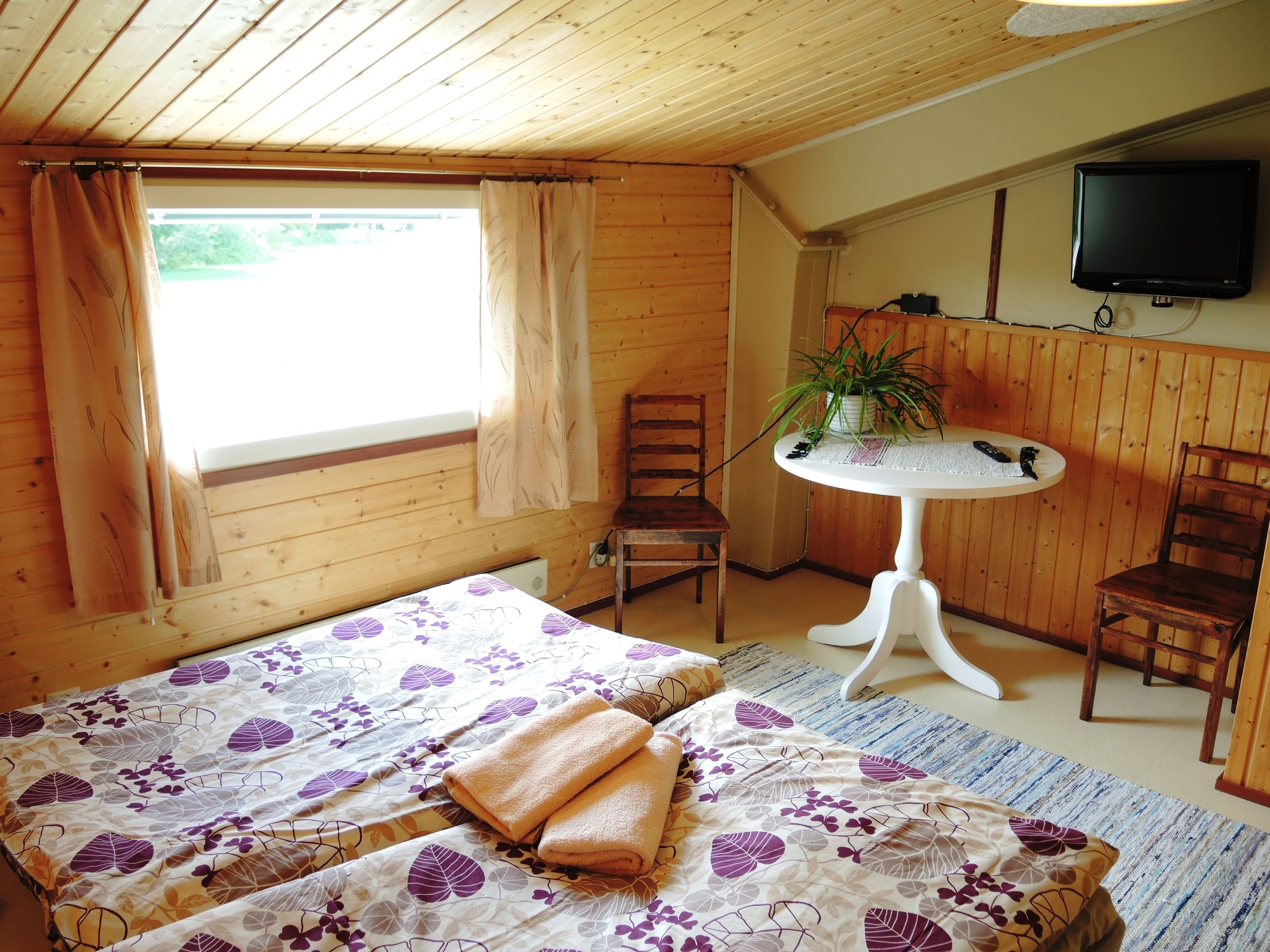 Een kamer met een bed, een tafeltje met een plant, een stoel en een televisie aan de muur.