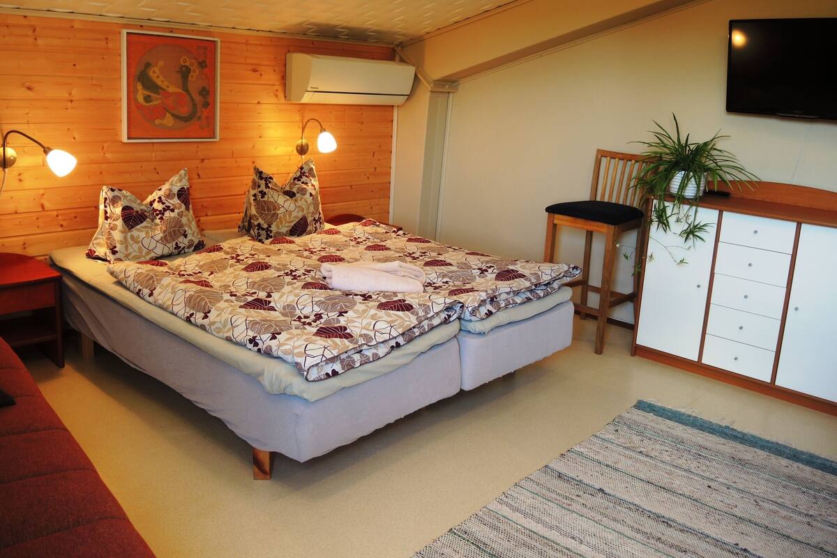 A bedroom with a bed, a desk, a chair, an air conditioning unit, a television, and a plant.