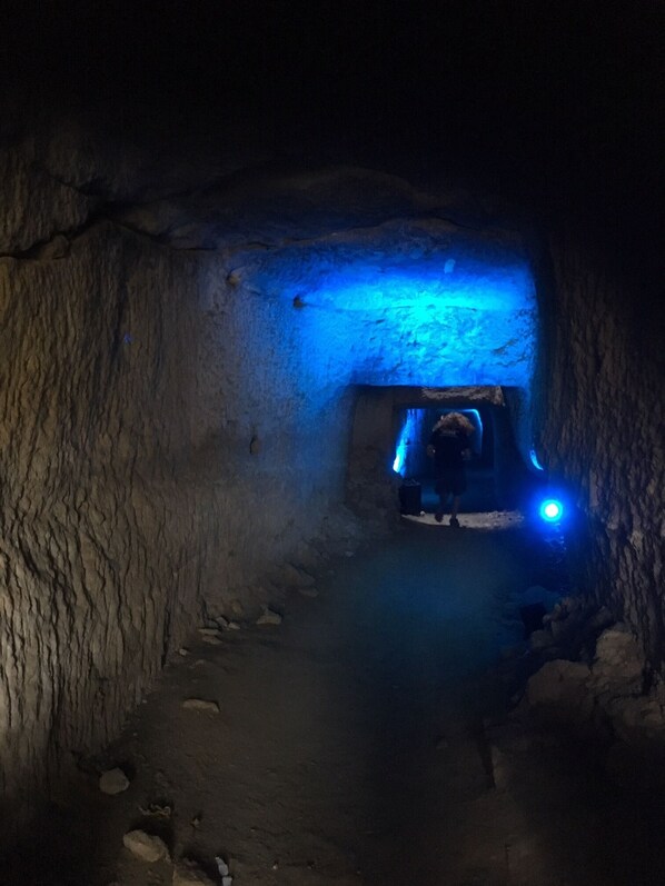 A narrow, dimly lit tunnel with rough walls and a blue light at the end.
