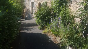 A stone building with a narrow pathway leading to a door, surrounded by greenery and a mountain in the background.