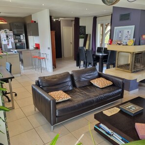 TV, fireplace, DVD player, books