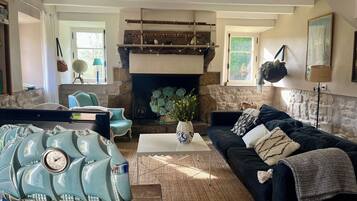 Smart TV, fireplace, DVD player, books