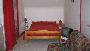 A small, cozy room with a single bed, a television, and a sofa. - Countryside apartment near the sea (sleeps 2 to 4) (Erquy)