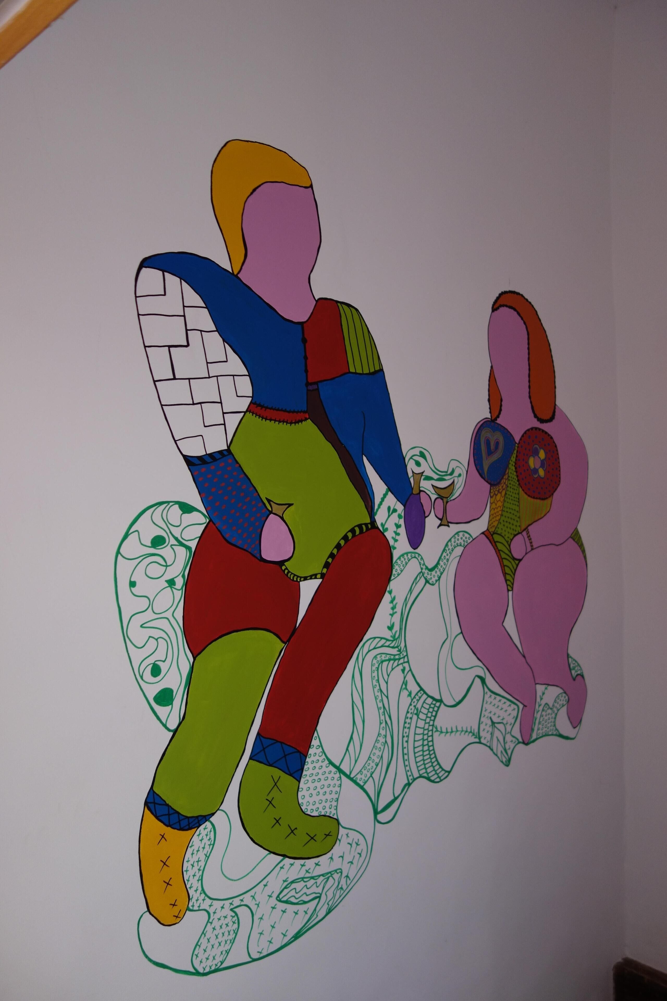 Une peinture abstraite aux couleurs vives, composée de formes et de motifs géométriques.