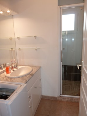 Shower, hair dryer, toilet paper