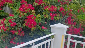 A balcony with white railings and a tiled floor, surrounded by lush greenery and vibrant pink flowers. - HAUT DE VILLA VIEUX FORT (VIEUX FORT)