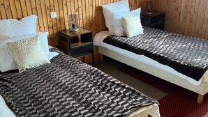 A room with two single beds, wooden walls, a small table with a lamp, and a red rug.