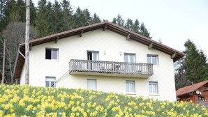 A two-story building with a balcony, surrounded by a field of yellow flowers.