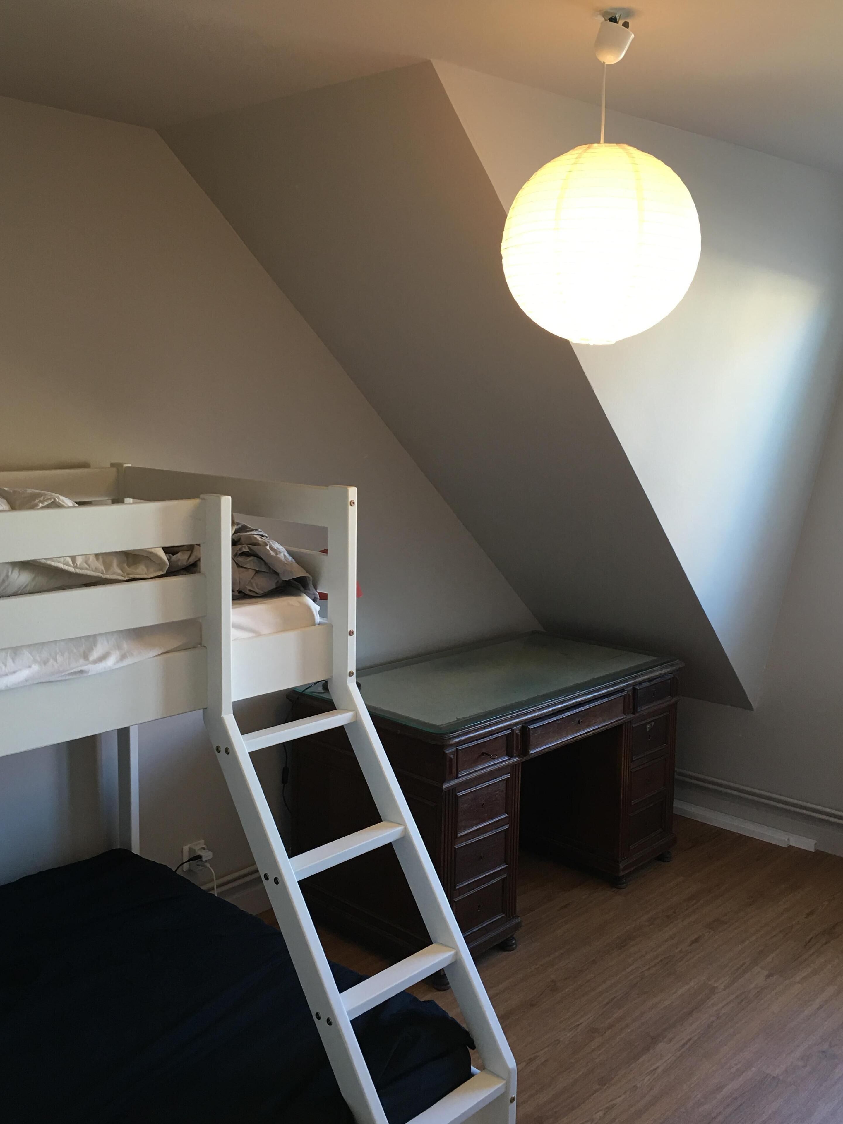 A room with a bunk bed, a desk, and a ladder.