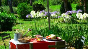 Une table de jardin recouverte d’une nappe rouge, un seau en métal, un panier et une assiette avec des fruits et une tasse.
