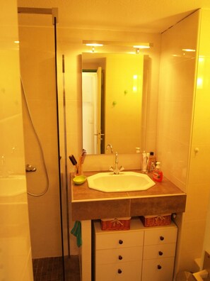 Dusche, Haartrockner, Seife, Toilettenpapier