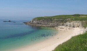 Une plage côtière bordée d’une eau turquoise et limpide, d’un rivage sablonneux et d’une falaise herbeuse.