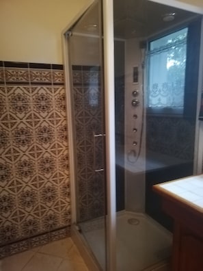 Shower, hair dryer, toilet paper