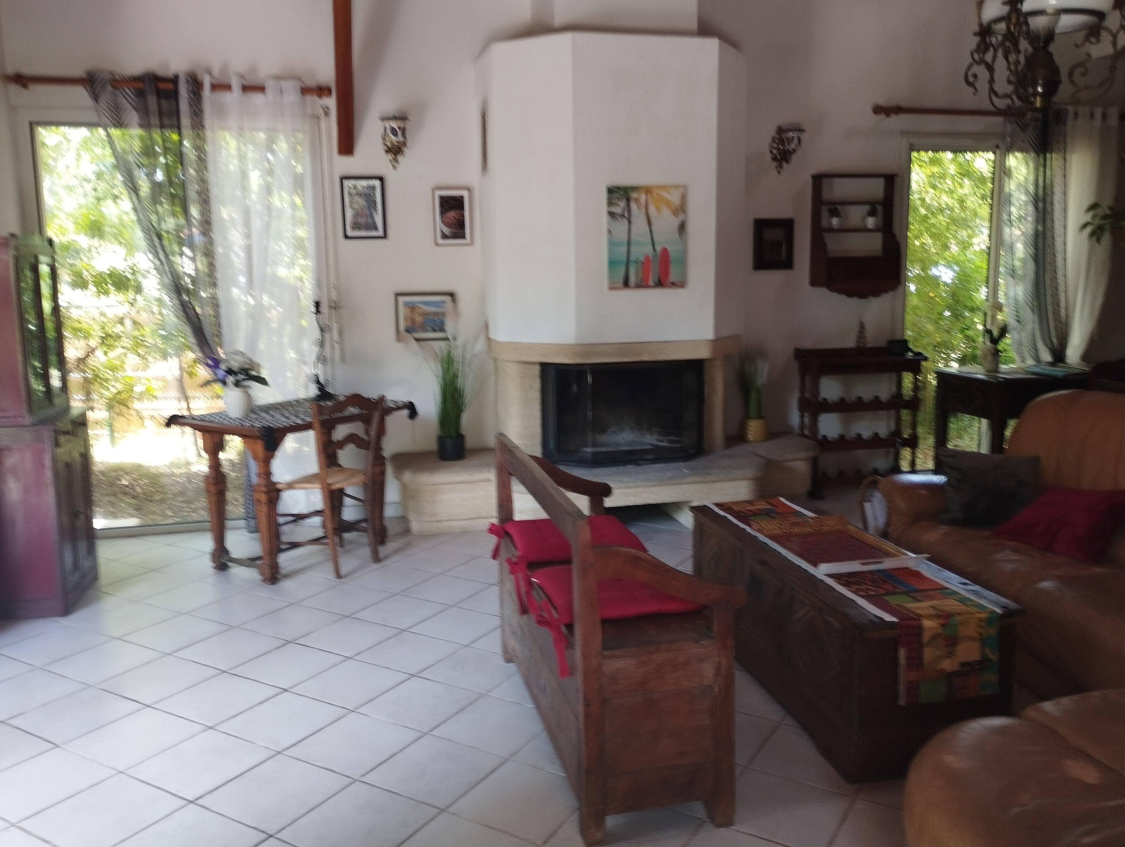 Télévision, cheminée, lecteur de DVD, livres