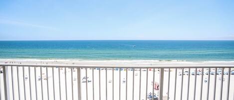On the beach, sun-loungers