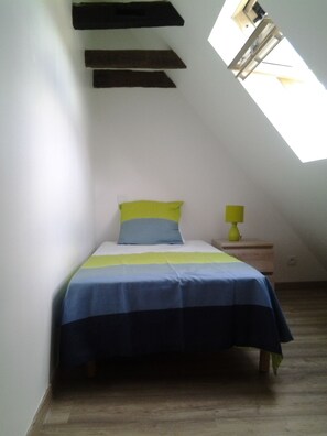 A bedroom with a bed, a nightstand, a lamp, and a skylight.