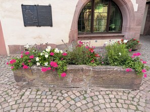 A stone planter with flowers in front of a building with a plaque and an arched window. - New flat in a typical village near Colmar and alsatian vineyard (Wickerschwihr)
