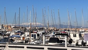 Un puerto deportivo con numerosas embarcaciones amarradas, un cielo azul despejado y montañas a lo lejos.