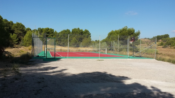 Un court de tennis en plein air, doté d’une surface de jeu verte, entouré d’une clôture en treillis métallique et d’arbres.