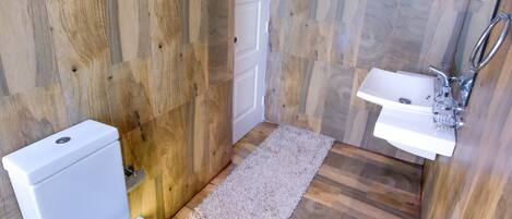 Un baño con suelo de madera, inodoro, lavabo y zona de ducha.