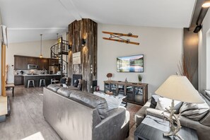 Smart TV, chimenea, reproductor de DVD y libros 