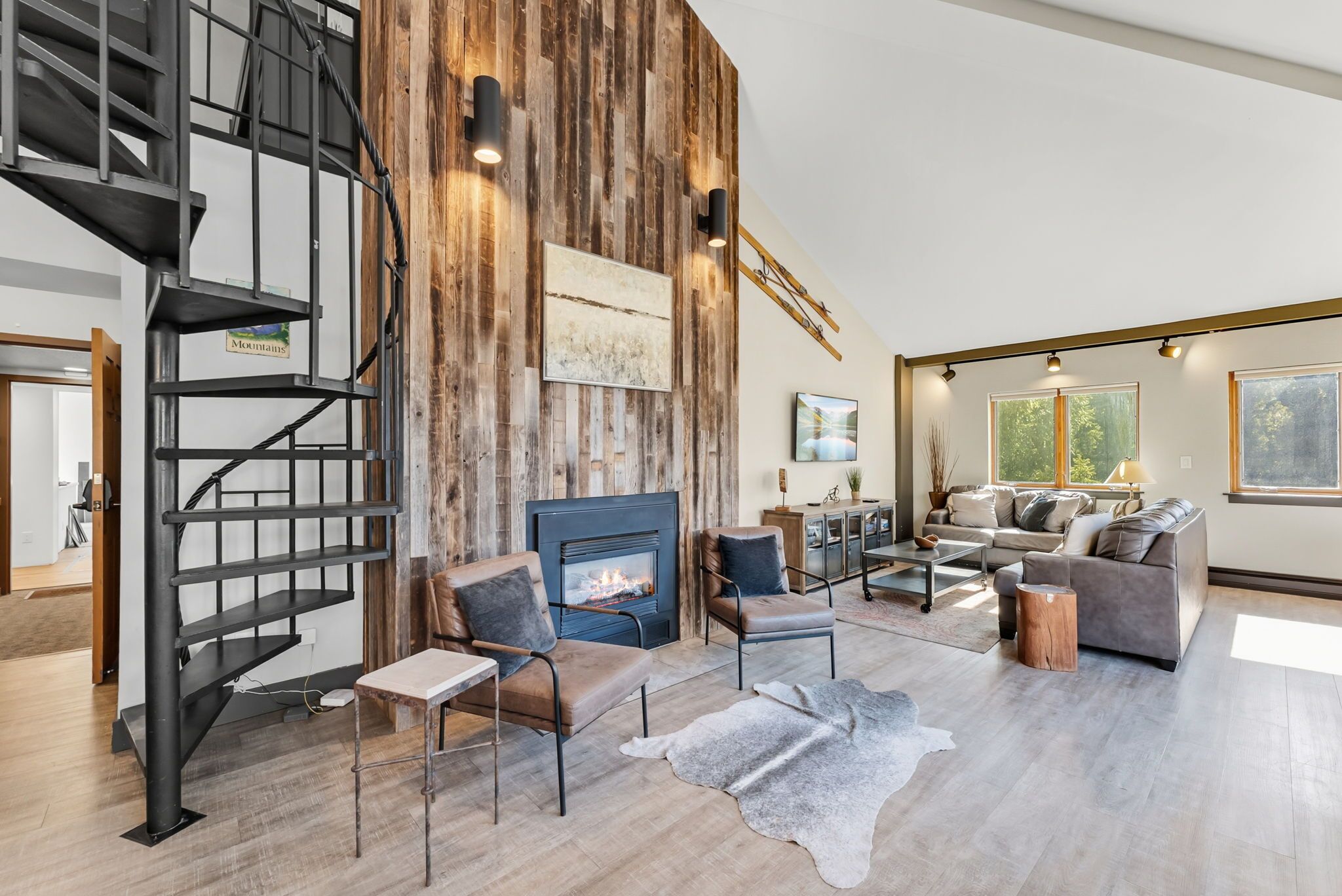 Smart TV, chimenea, reproductor de DVD y libros 