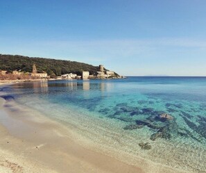 A clear coastal beach with a sandy shore and a small village with buildings and a tower.