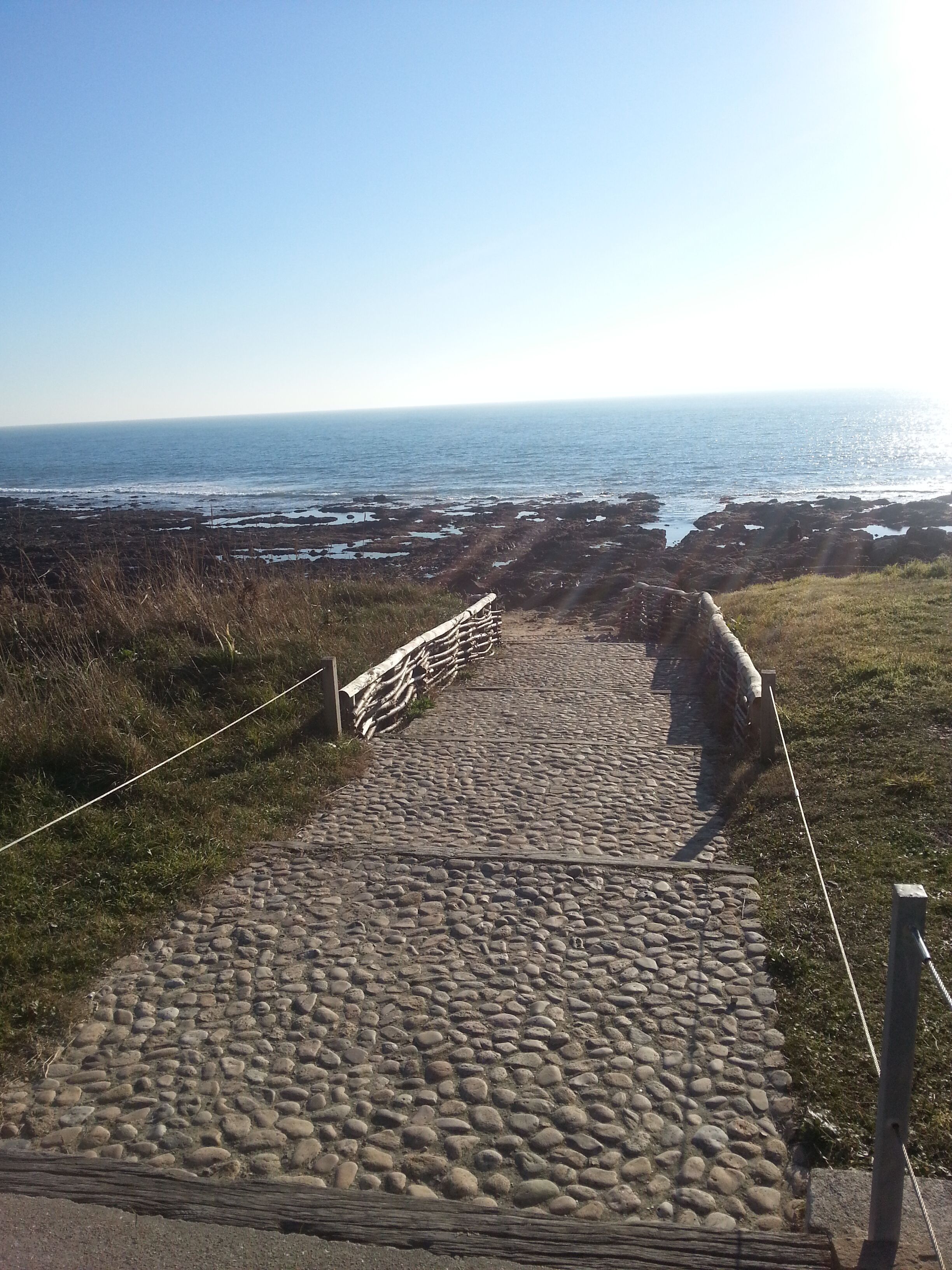 Un sentier de pierres qui mène à une zone côtière offrant une vue sur la mer.