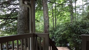 A wooden deck with a railing, surrounded by dense forest. - Minutes To Town, Wooded 2 Acre Retreat (Highlands)