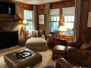 Smart-tv, een open haard, een dvd-speler en een filmbibliotheek