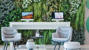 A reception area with two monitors, a white reception desk, two grey upholstered chairs, a glass coffee table with a pineapple centerpiece, and a green wall with foliage. - Go Hotels Iligan (Iligan)