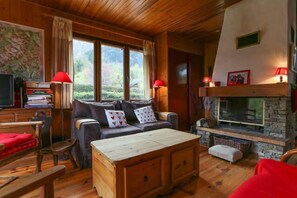 Fernseher, Kamin, DVD-Player, Bücher