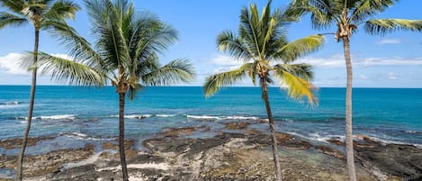 On the beach, sun-loungers, beach towels