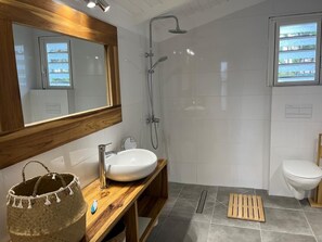 Shower, hair dryer, towels