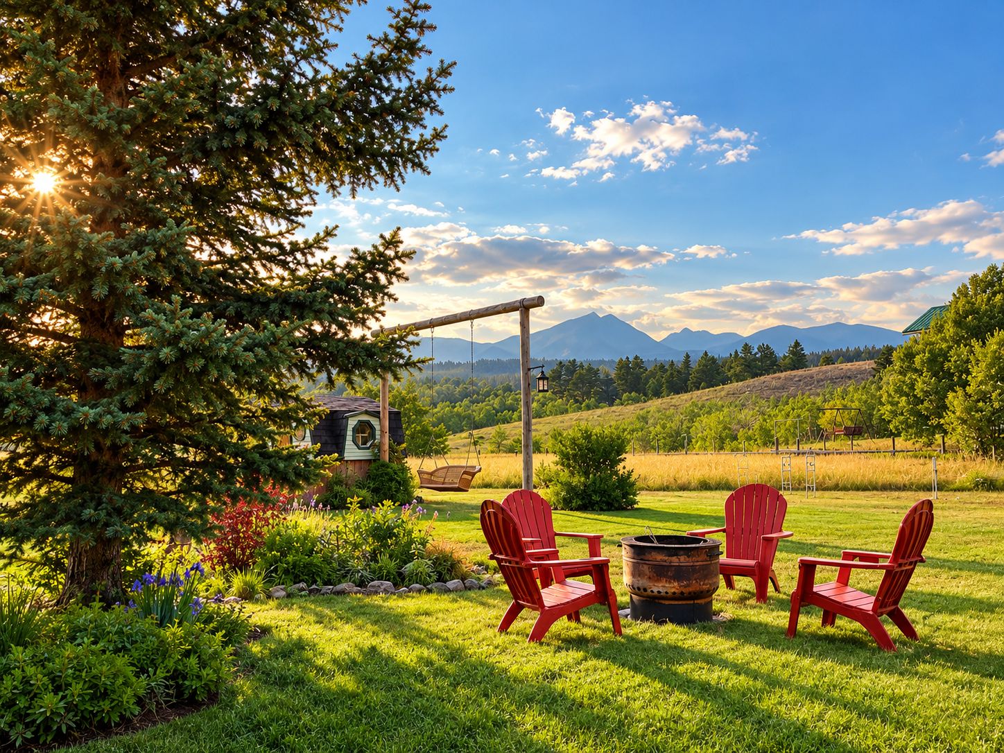 Un jardin avec une balançoire, un foyer extérieur et une vue sur les montagnes.