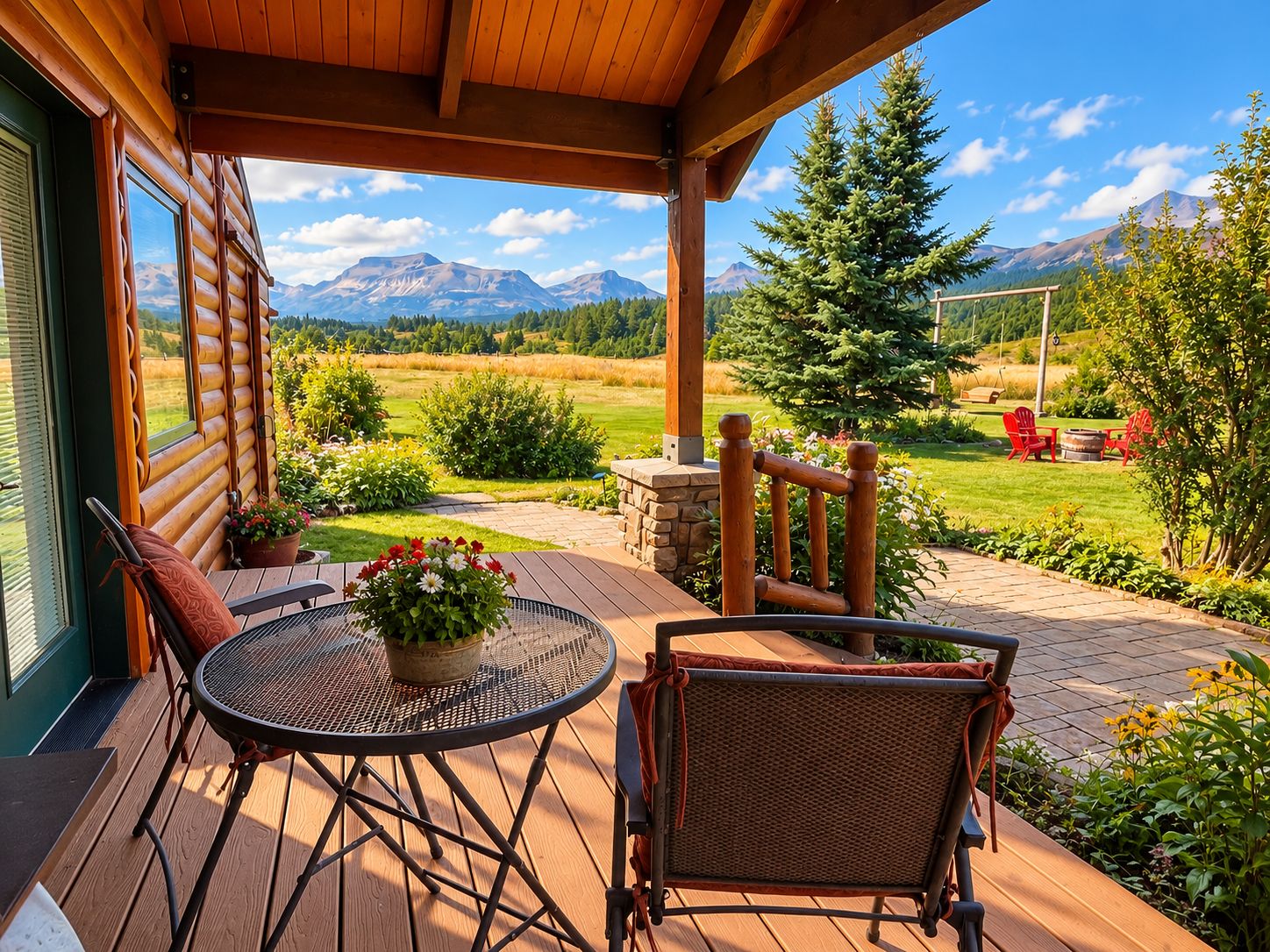 Una terraza de madera con mesa y sillas, con vistas a un paisaje montañoso.