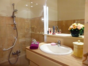 Bathtub, hair dryer, towels, soap