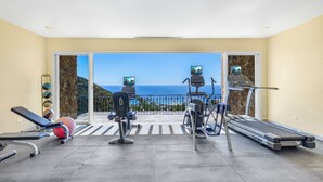 A gym with cardio equipment, a bench, and a rowing machine, overlooking a scenic view.