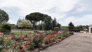 A garden with a gravel path, red flowers, and a pergola with outdoor seating.