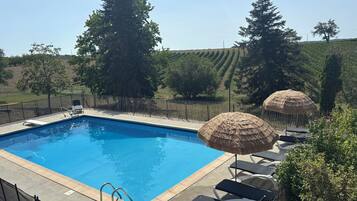 A swimming pool with lounge chairs and umbrellas, surrounded by trees and a fence.